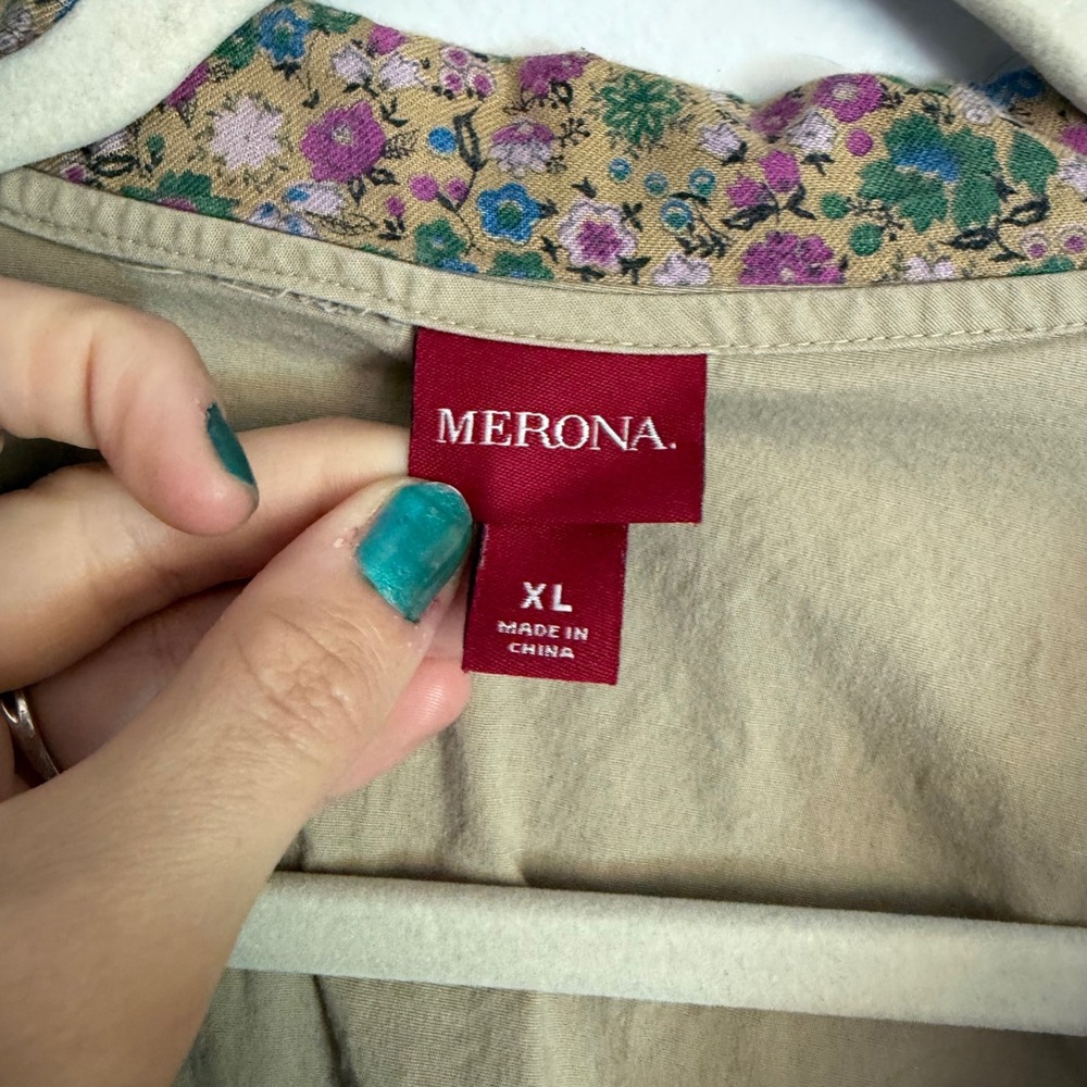 Y2K Merona XL Tan Khaki Floral Trim Button Down Shirt Dress Short Sleeve Pockets - Picture 2 of 8